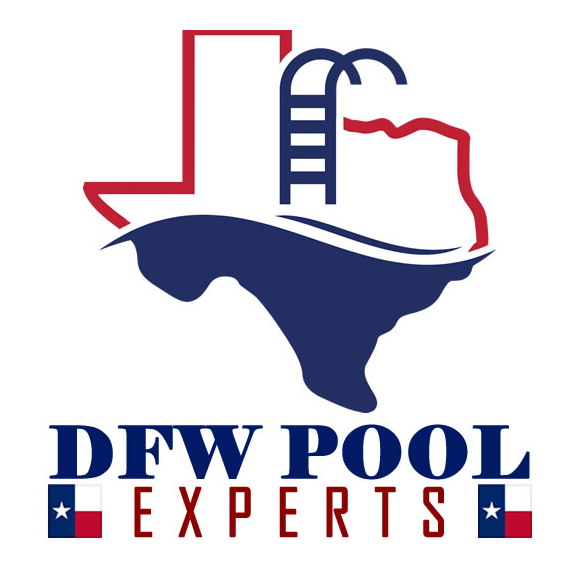 Logo for DFW Pool Experts featuring a stylized Texas outline with a pool ladder and the company name in bold lettering.