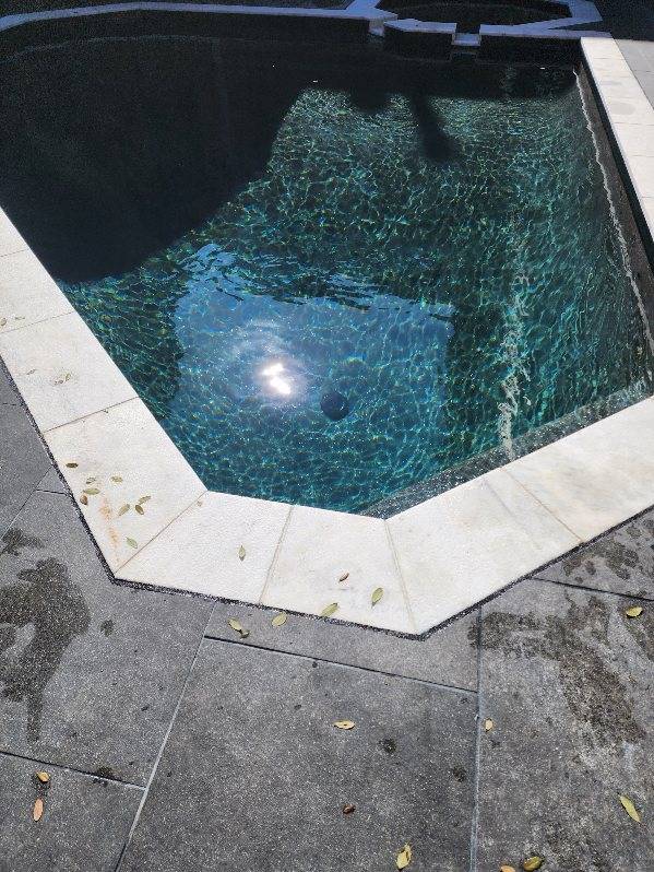 Close-up view of a sparkling octagonal swimming pool with a sunny reflection on the water surface, surrounded by light-colored coping and dark stone decking.