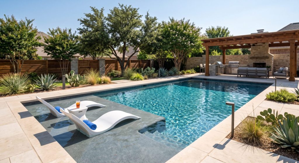 A wide shot of a beautifully remodeled, modern pool in a Texas backyard, featuring a sleek tanning ledge and clear, sparkling water.