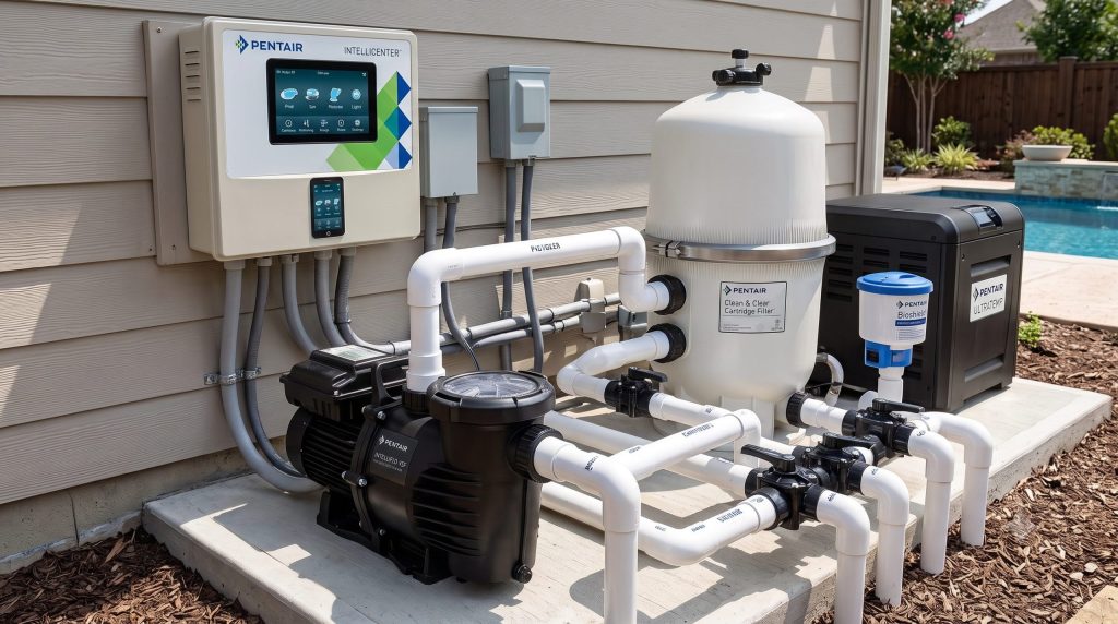 A clean, well-organized pool equipment pad featuring a modern, digital variable-speed pump and a smart automation panel AI generated